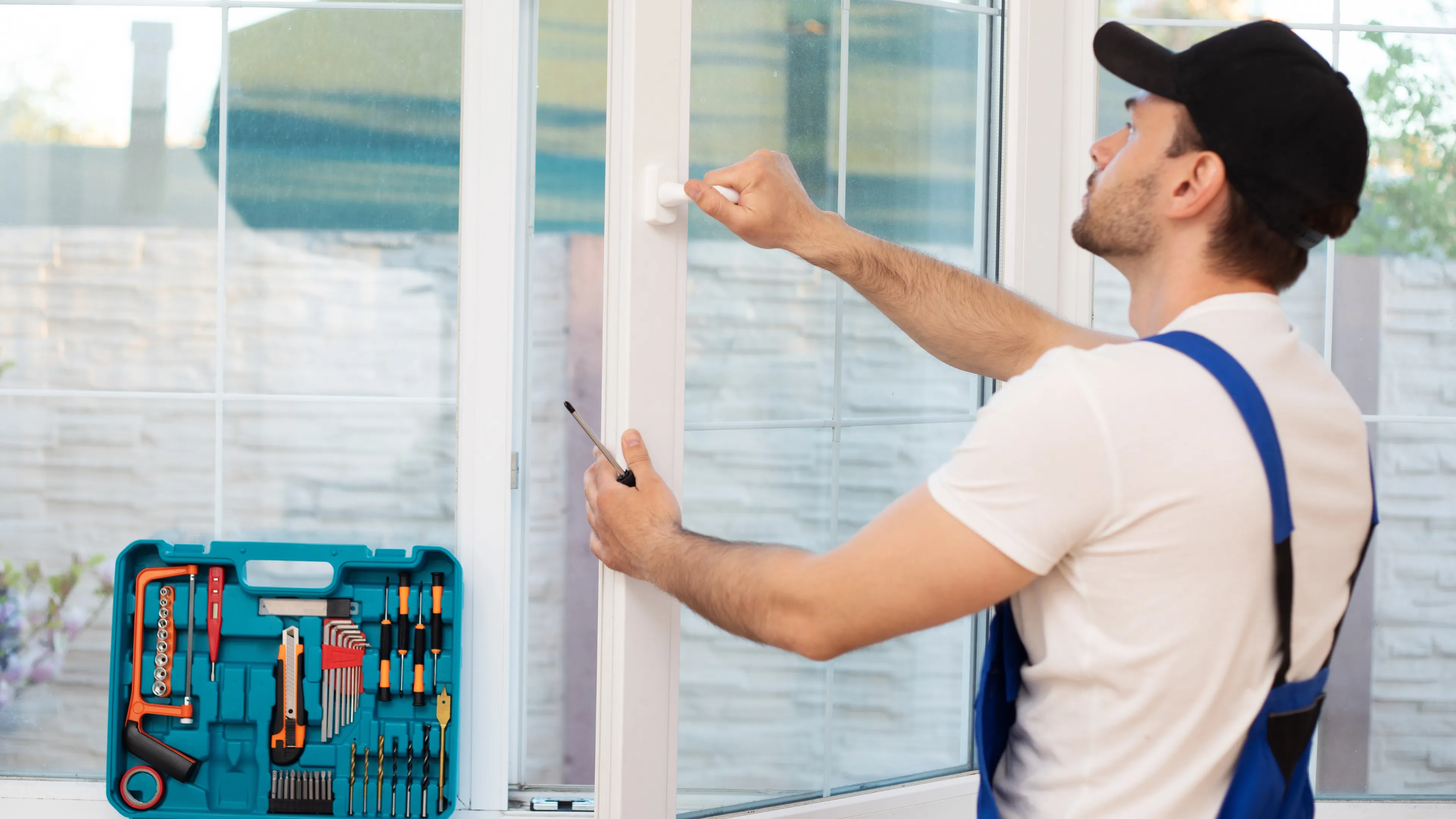 A smiling professional glazier holding a clear tempered glass pane for a residential window replacement project in Dallas, TX.